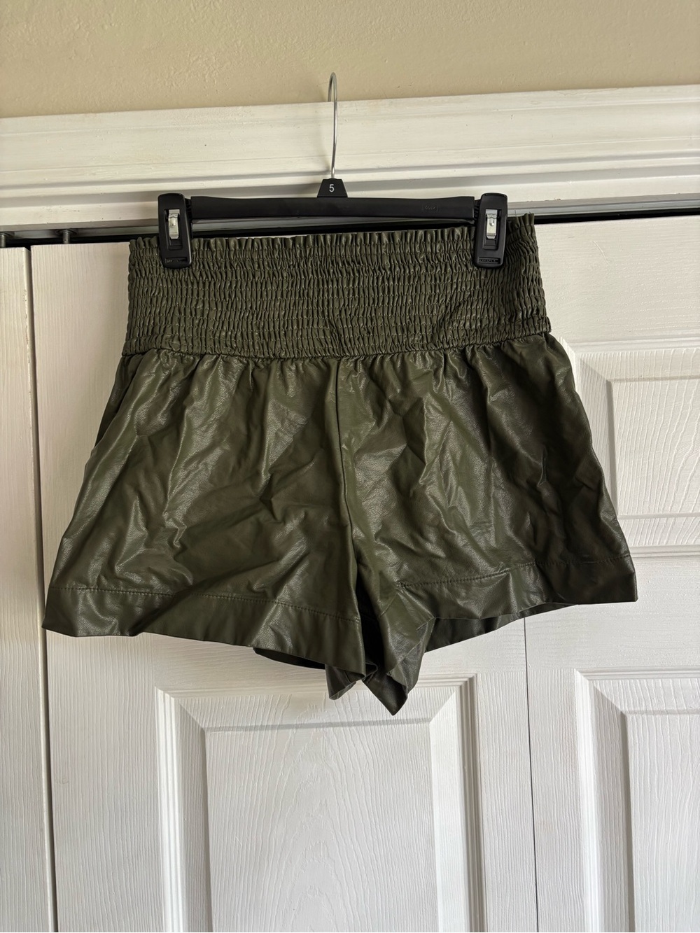 TCEC Olive Green Smocked High-Waist Faux Leather Shorts
